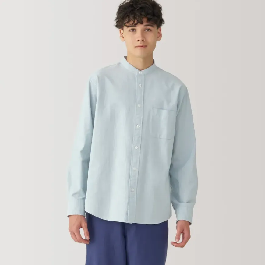 Men's Washed Oxford Stand Collar Long Sleeve Shirt