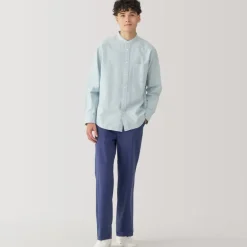 Men's Washed Oxford Stand Collar Long Sleeve Shirt