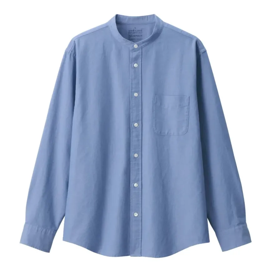 Men's Washed Oxford Stand Collar Long Sleeve Shirt