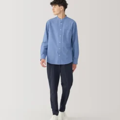Men's Washed Oxford Stand Collar Long Sleeve Shirt
