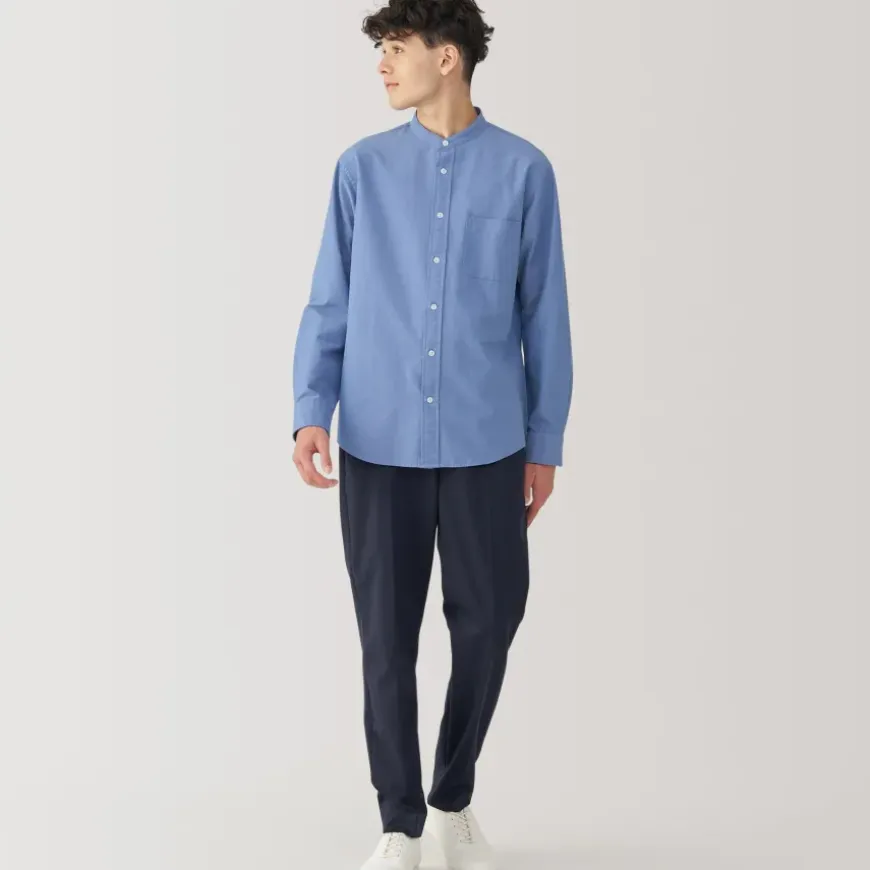 Men's Washed Oxford Stand Collar Long Sleeve Shirt
