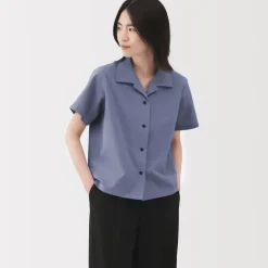Women's Breathable Seersucker Open Collar Short Sleeve Shirt