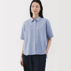 Women's Cool Touch Regular Collar Short Sleeve Striped Shirt