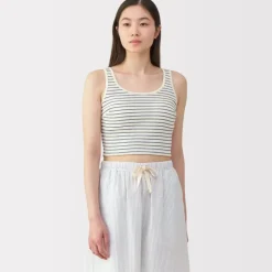 Women's Cotton Stretch Ribbed Cropped Bra Striped Tank Top