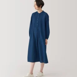 Women's Cotton Voile Indigo Long Sleeve Dress