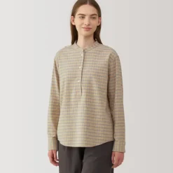 Women's Flannel Stand Collar Long Sleeve Patterned Blouse