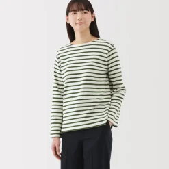 Women's Heavy Weight Boat Neck Long Sleeve Striped T-Shirt