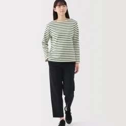 Women's Heavy Weight Boat Neck Long Sleeve Striped T-Shirt