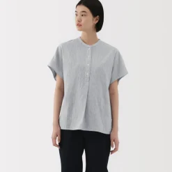 Women's Kapok Blend Double Gauze Short Sleeve Striped Blouse