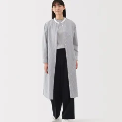 Women's Washed Broadcloth Stand Collar Long Sleeve Striped Dress