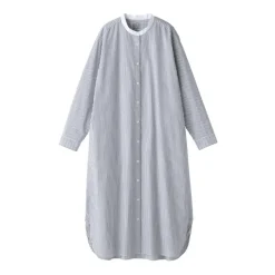 Women's Washed Broadcloth Stand Collar Long Sleeve Striped Dress