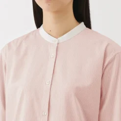 Women's Washed Broadcloth Stand Collar Long Sleeve Striped Dress
