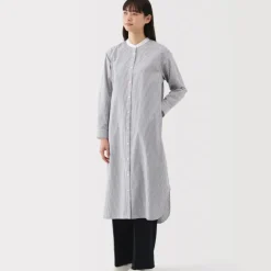 Women's Washed Broadcloth Stand Collar Long Sleeve Striped Dress