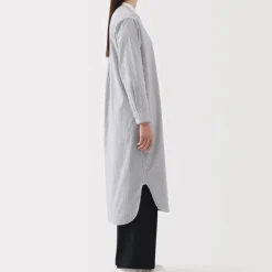 Women's Washed Broadcloth Stand Collar Long Sleeve Striped Dress