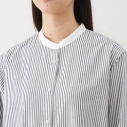 Women's Washed Broadcloth Stand Collar Long Sleeve Striped Dress