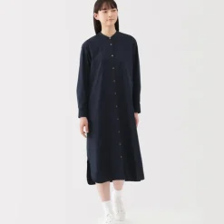 Women's Washed Broadcloth Stand Collar Long-Sleeve Dress