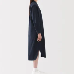 Women's Washed Broadcloth Stand Collar Long-Sleeve Dress